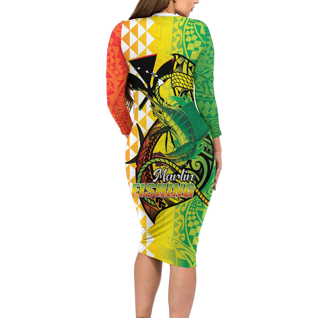 Hawaii Blue Marlin Fishing Long Sleeve Bodycon Dress Hawaiian Kanaka Kakau Reggae