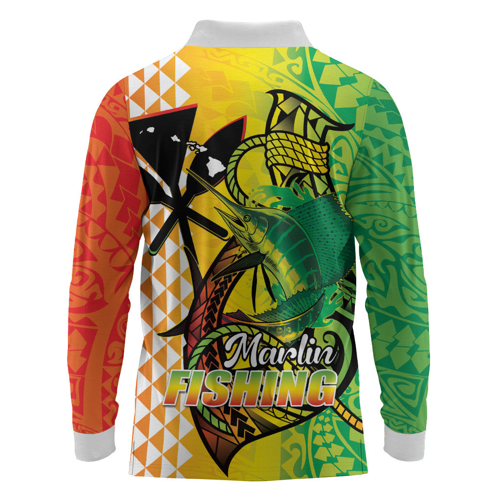 Hawaii Blue Marlin Fishing Long Sleeve Polo Shirt Hawaiian Kanaka Kakau Reggae