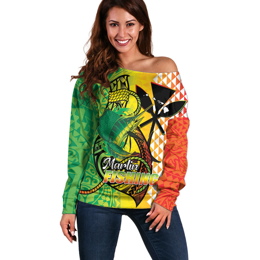 Hawaii Blue Marlin Fishing Off Shoulder Sweater Hawaiian Kanaka Kakau Reggae