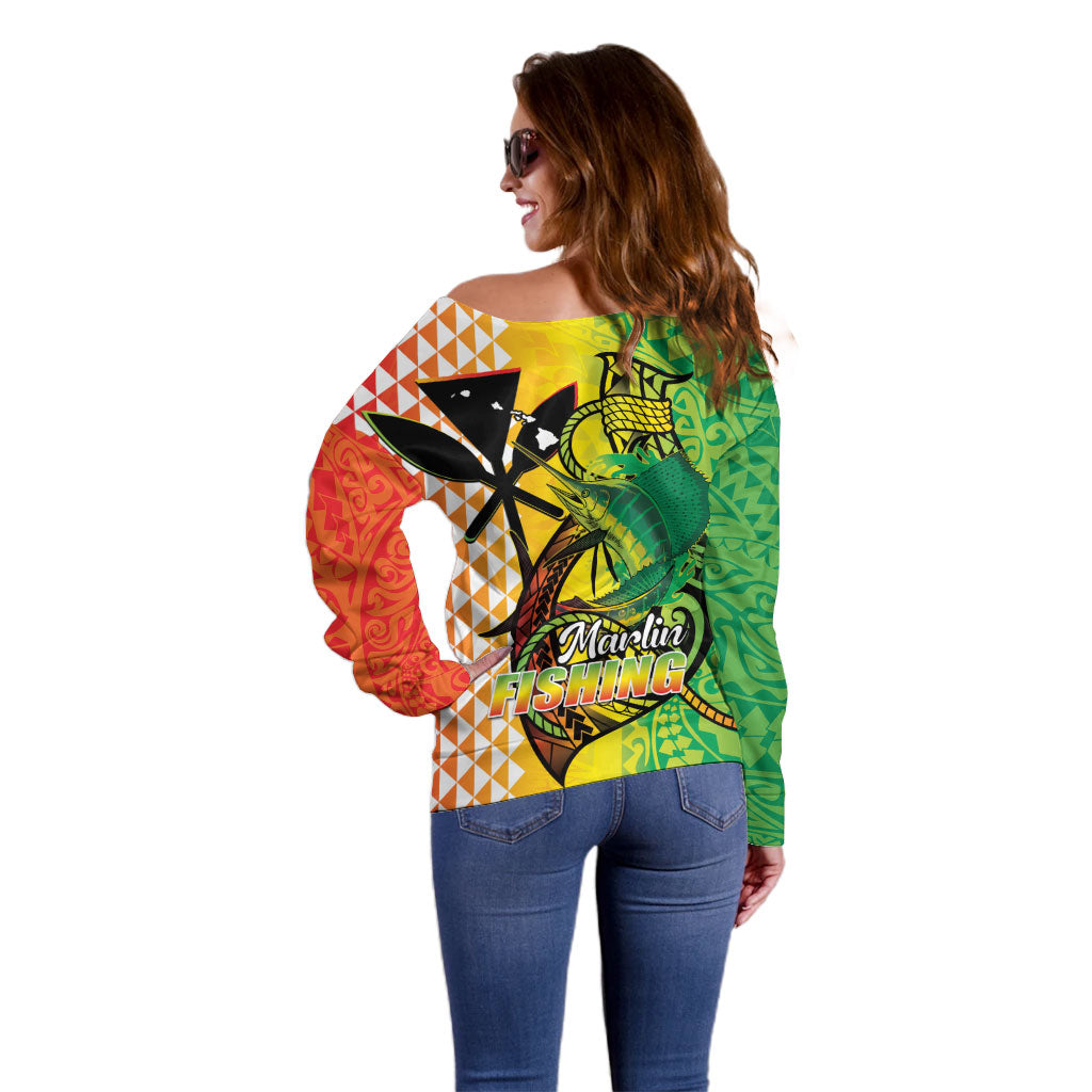 Hawaii Blue Marlin Fishing Off Shoulder Sweater Hawaiian Kanaka Kakau Reggae