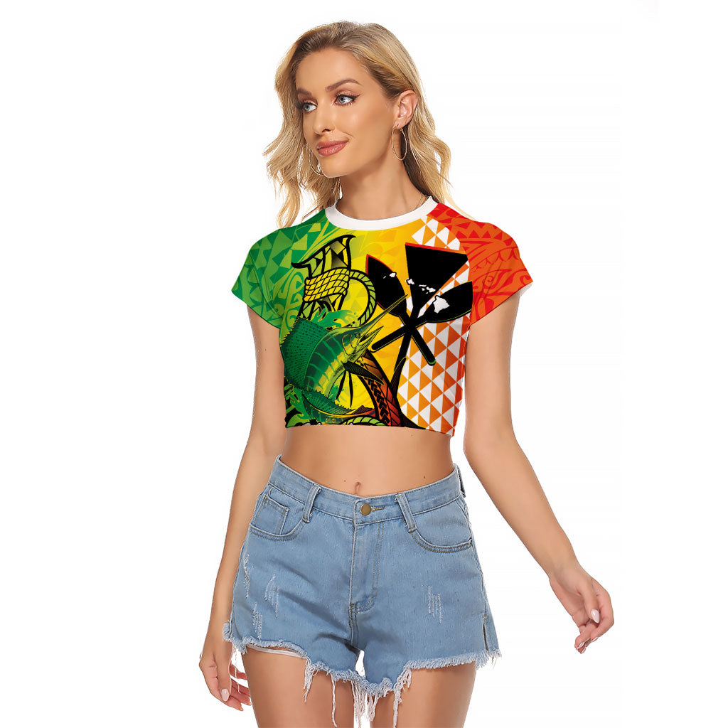 Hawaii Blue Marlin Fishing Raglan Cropped T Shirt Hawaiian Kanaka Kakau Reggae