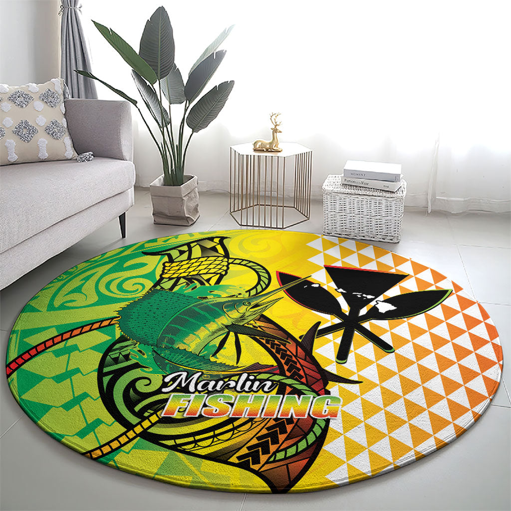 Hawaii Blue Marlin Fishing Round Carpet Hawaiian Kanaka Kakau Reggae