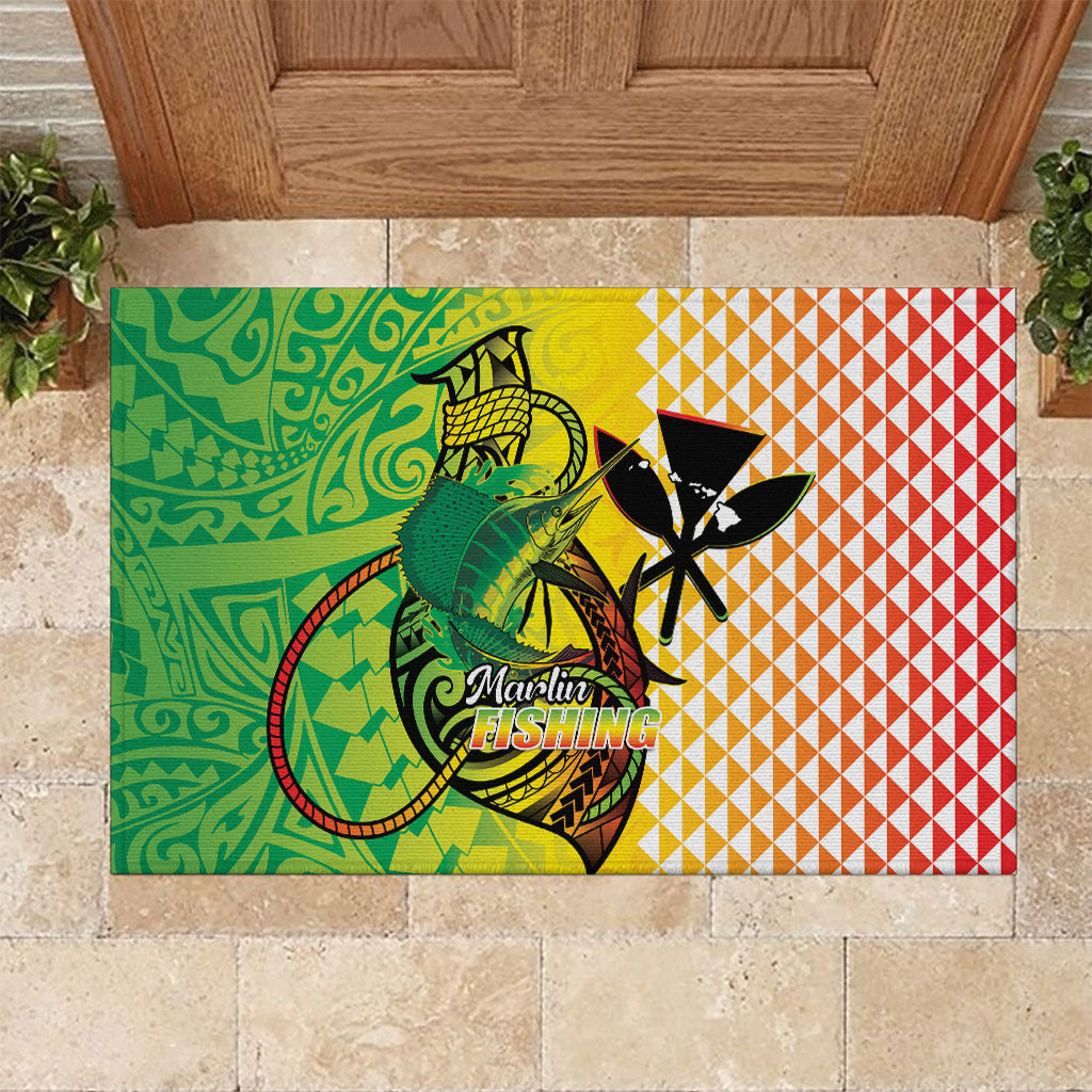 Hawaii Blue Marlin Fishing Rubber Doormat Hawaiian Kanaka Kakau Reggae