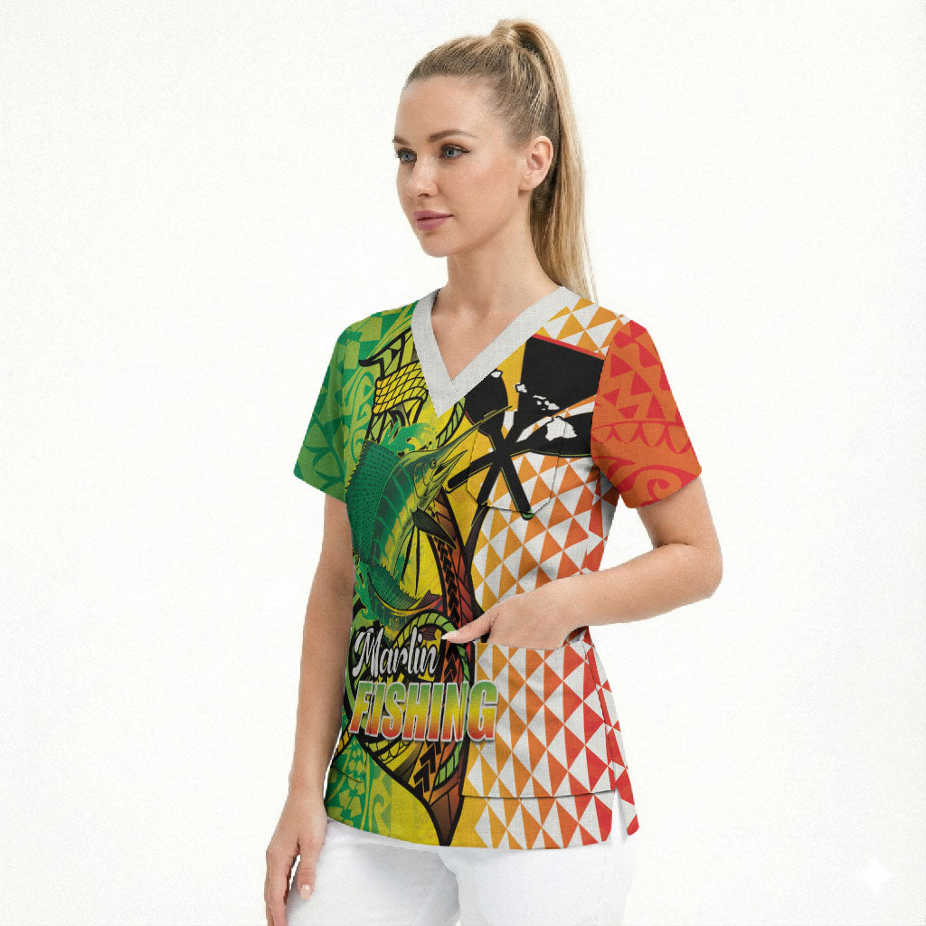 Hawaii Blue Marlin Fishing Scrub Top Hawaiian Kanaka Kakau Reggae
