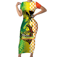 Hawaii Blue Marlin Fishing Short Sleeve Bodycon Dress Hawaiian Kanaka Kakau Reggae