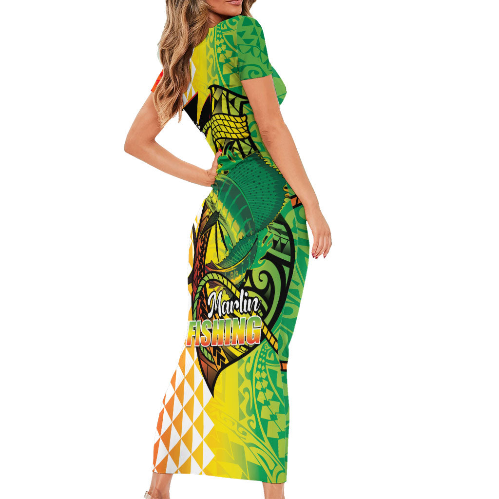 Hawaii Blue Marlin Fishing Short Sleeve Bodycon Dress Hawaiian Kanaka Kakau Reggae