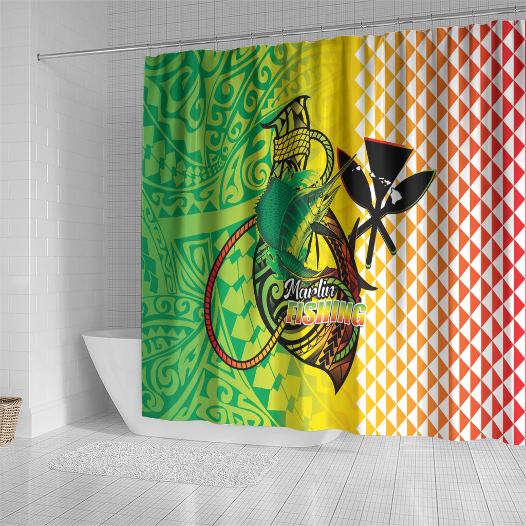 Hawaii Blue Marlin Fishing Shower Curtain Hawaiian Kanaka Kakau Reggae