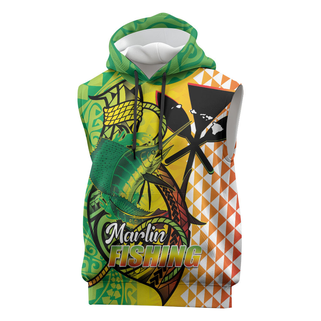 Hawaii Blue Marlin Fishing Sleeveless Hoodie Hawaiian Kanaka Kakau Reggae