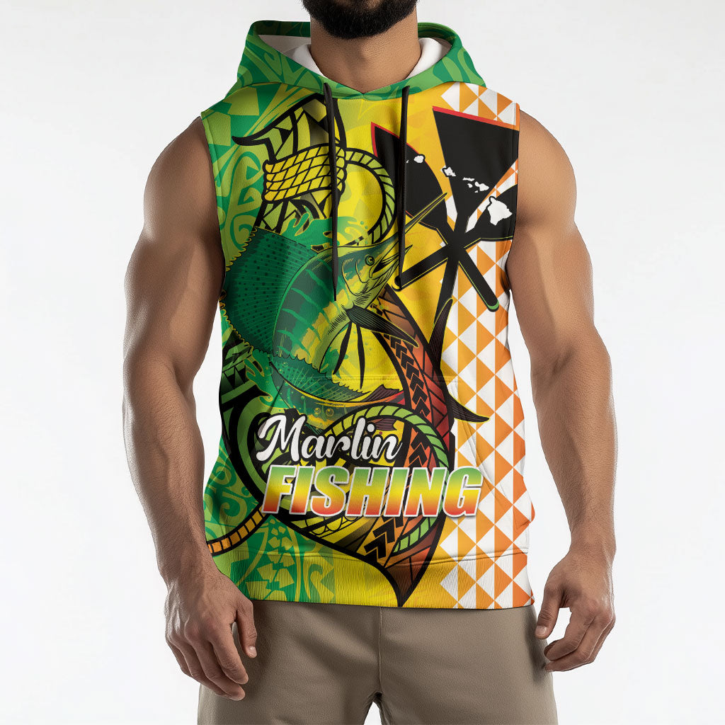 Hawaii Blue Marlin Fishing Sleeveless Hoodie Hawaiian Kanaka Kakau Reggae