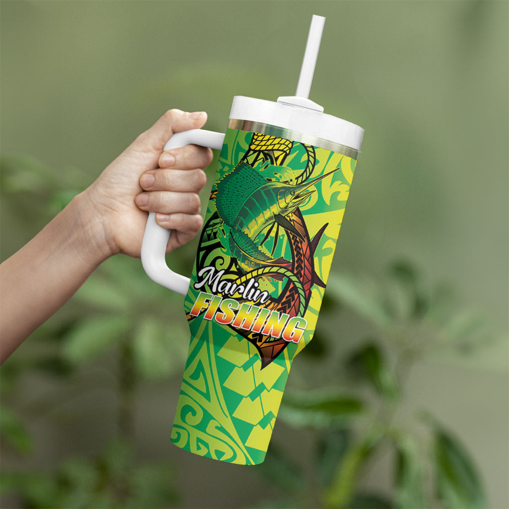 Hawaii Blue Marlin Fishing Tumbler With Handle Hawaiian Kanaka Kakau Reggae