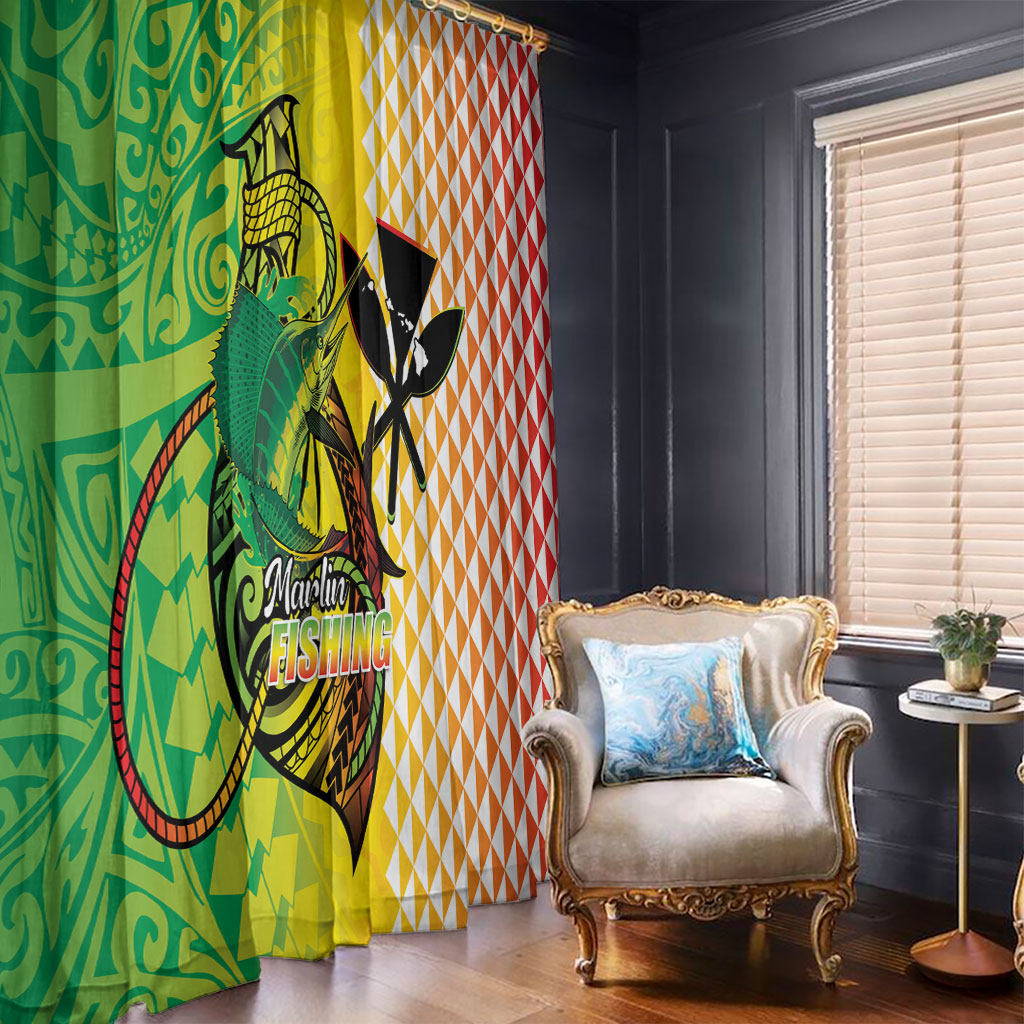 Hawaii Blue Marlin Fishing Window Curtain Hawaiian Kanaka Kakau Reggae