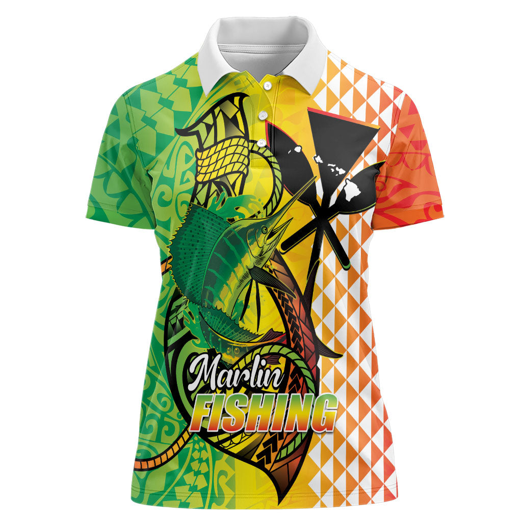 Hawaii Blue Marlin Fishing Women Polo Shirt Hawaiian Kanaka Kakau Reggae