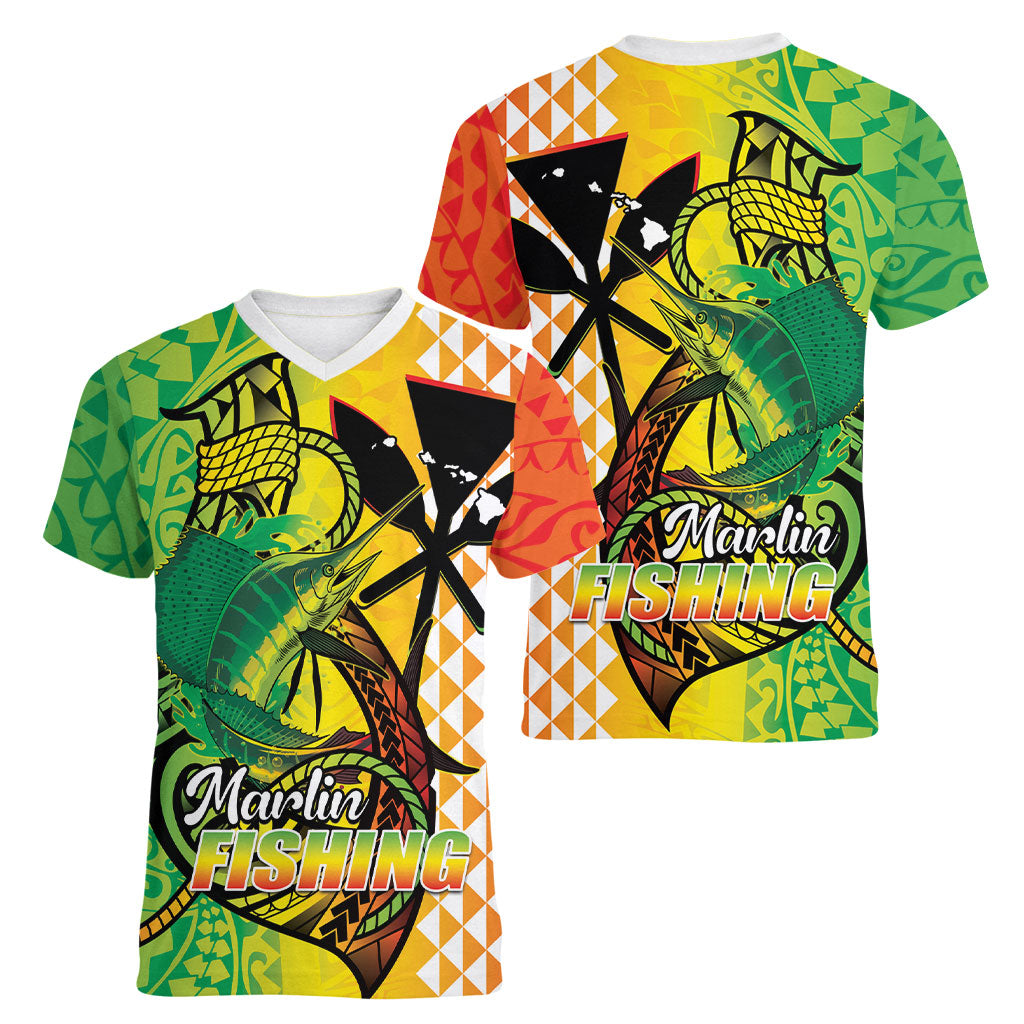 Hawaii Blue Marlin Fishing Women V-Neck T-Shirt Hawaiian Kanaka Kakau Reggae LT14 - Polynesian Pride