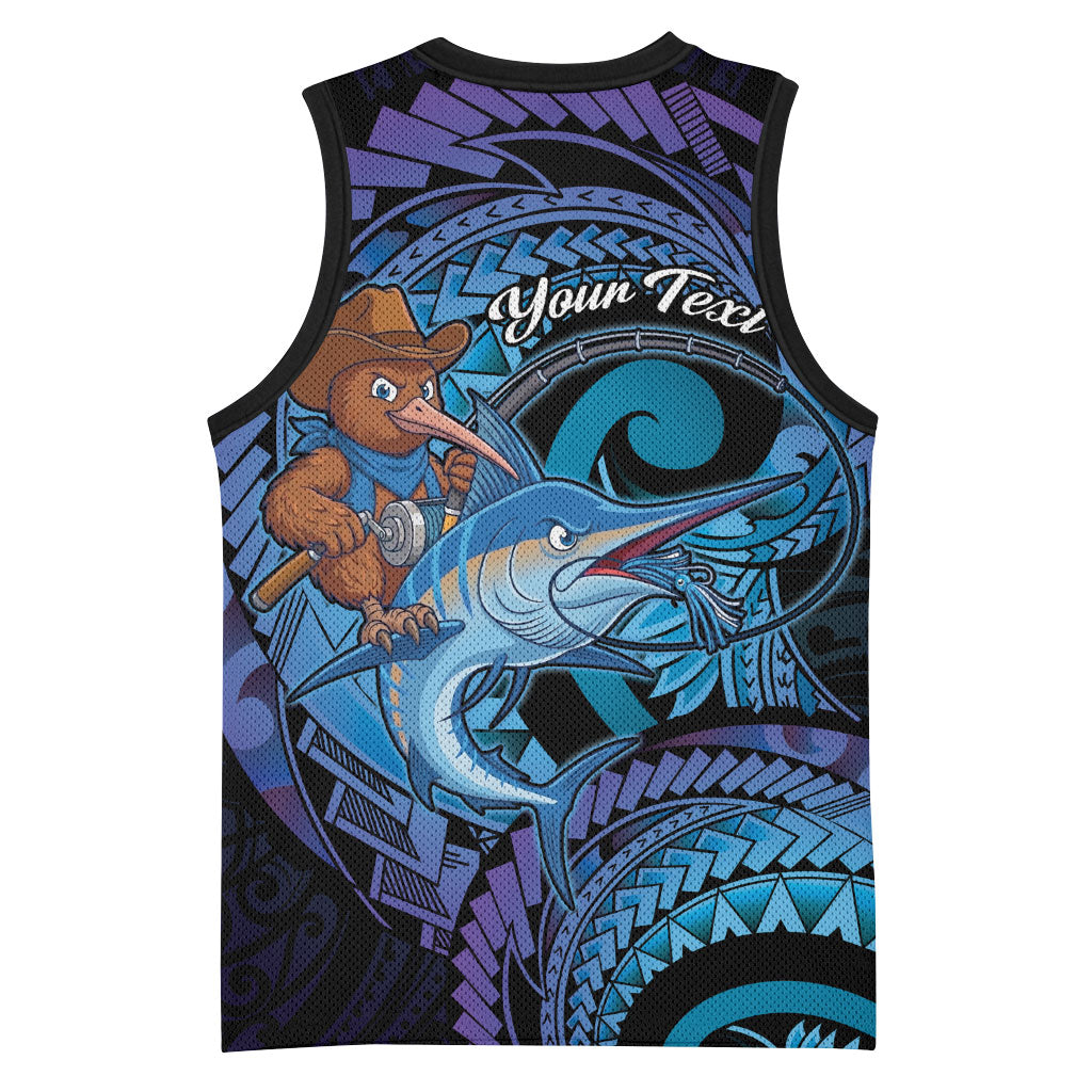 Personalised Blue Marlin Fishing New Zealand Basketball Jersey NZ Kiwi Cowboy Born To Fish LT14 - Polynesian Pride