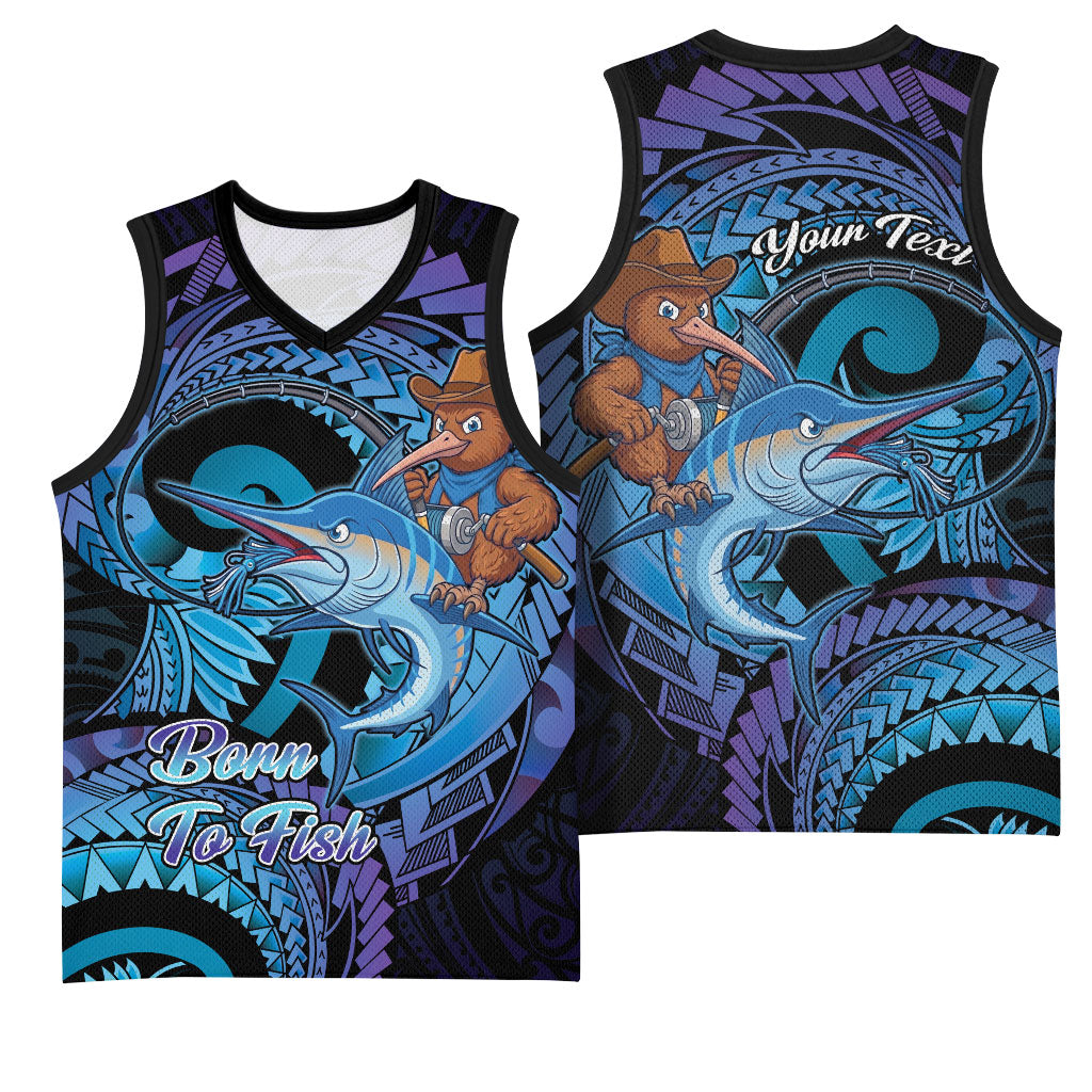Personalised Blue Marlin Fishing New Zealand Basketball Jersey NZ Kiwi Cowboy Born To Fish LT14 - Polynesian Pride