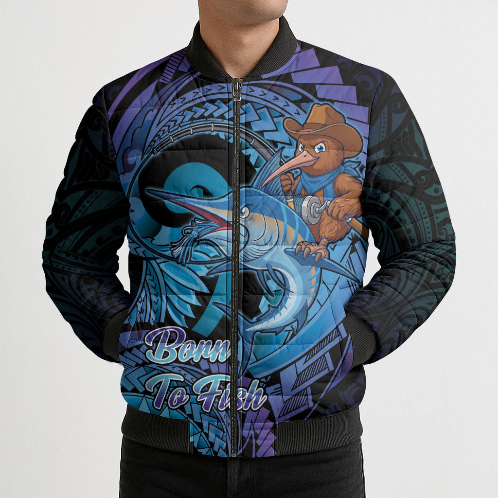 Personalised Blue Marlin Fishing New Zealand Bomber Puffer Jacket NZ Kiwi Cowboy Born To Fish