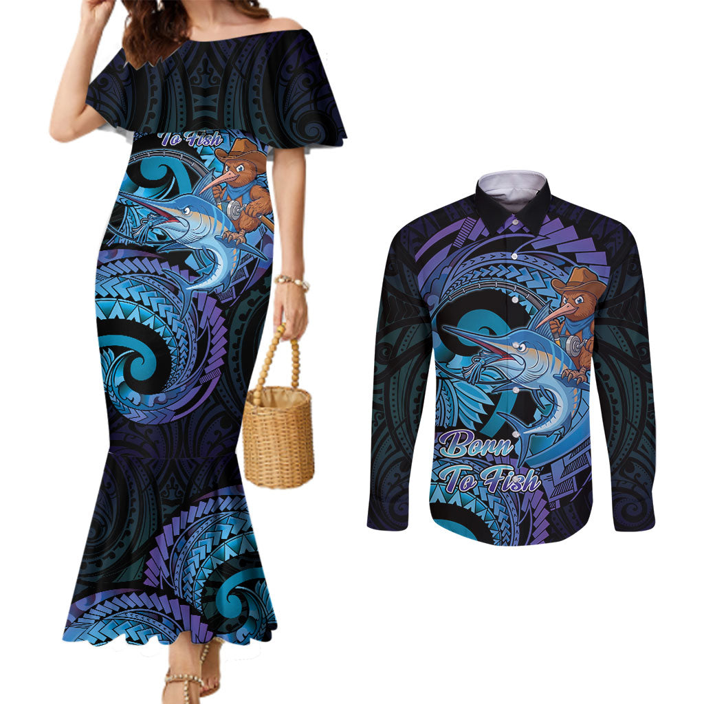 Personalised Blue Marlin Fishing New Zealand Couples Matching Mermaid Dress and Long Sleeve Button Shirt NZ Kiwi Cowboy Born To Fish LT14 Purple - Polynesian Pride