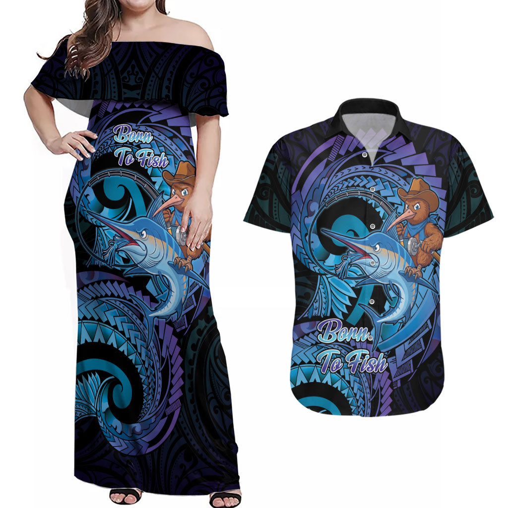 Personalised Blue Marlin Fishing New Zealand Couples Matching Off Shoulder Maxi Dress and Hawaiian Shirt NZ Kiwi Cowboy Born To Fish LT14 Purple - Polynesian Pride