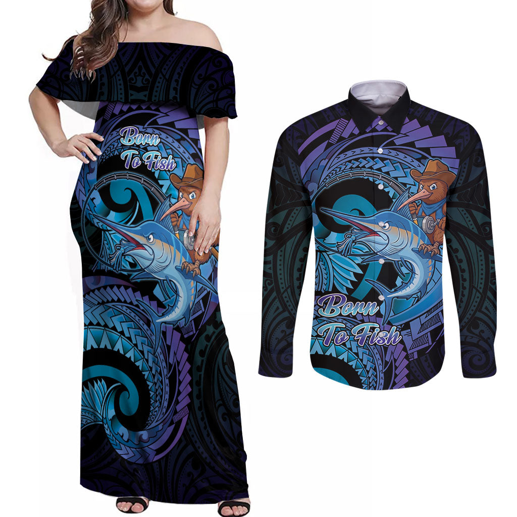 Personalised Blue Marlin Fishing New Zealand Couples Matching Off Shoulder Maxi Dress and Long Sleeve Button Shirt NZ Kiwi Cowboy Born To Fish LT14 Purple - Polynesian Pride