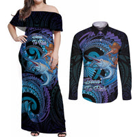 Personalised Blue Marlin Fishing New Zealand Couples Matching Off Shoulder Maxi Dress and Long Sleeve Button Shirt NZ Kiwi Cowboy Born To Fish LT14 Purple - Polynesian Pride