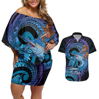 Personalised Blue Marlin Fishing New Zealand Couples Matching Off Shoulder Short Dress and Hawaiian Shirt NZ Kiwi Cowboy Born To Fish LT14 Purple - Polynesian Pride