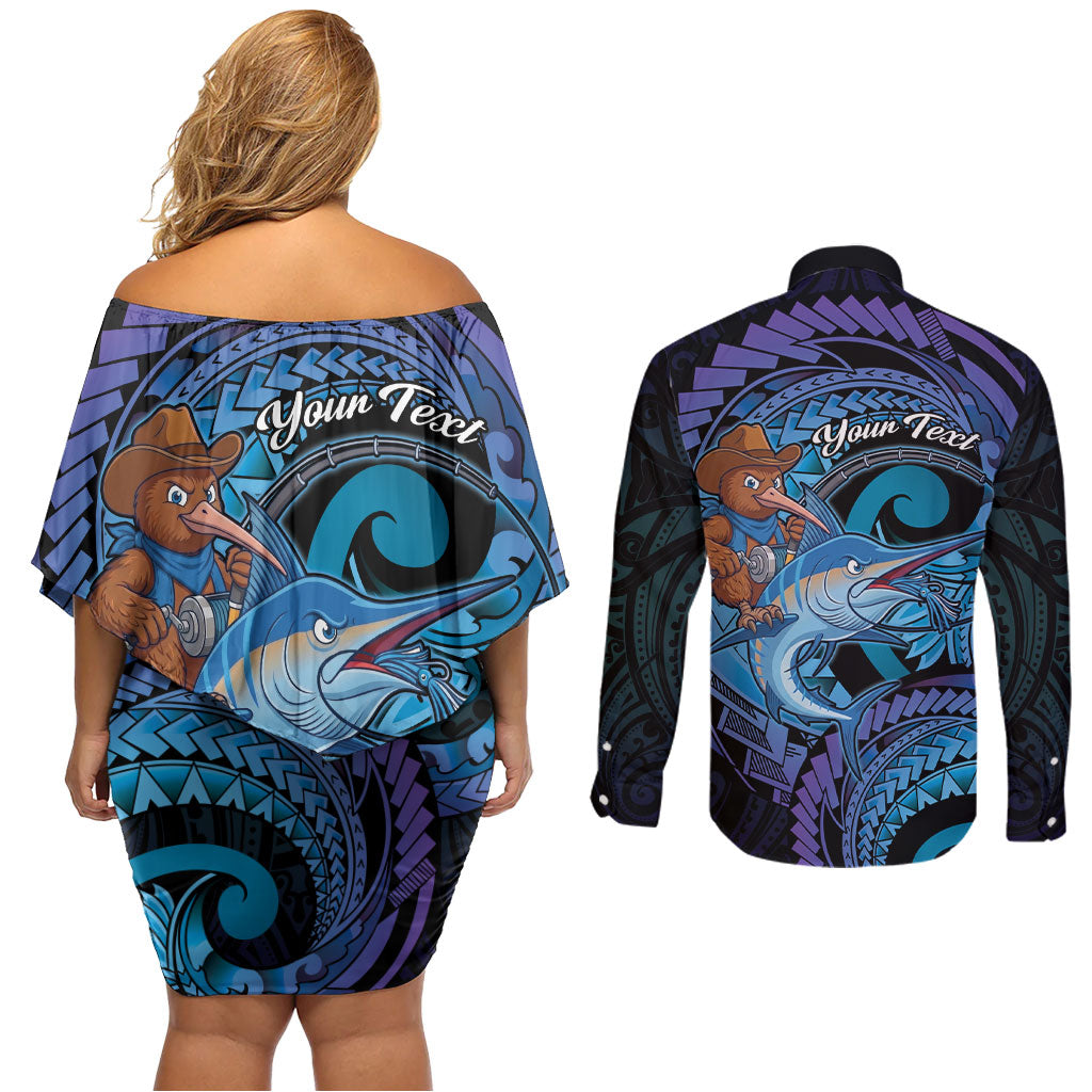 Personalised Blue Marlin Fishing New Zealand Couples Matching Off Shoulder Short Dress and Long Sleeve Button Shirt NZ Kiwi Cowboy Born To Fish LT14 - Polynesian Pride