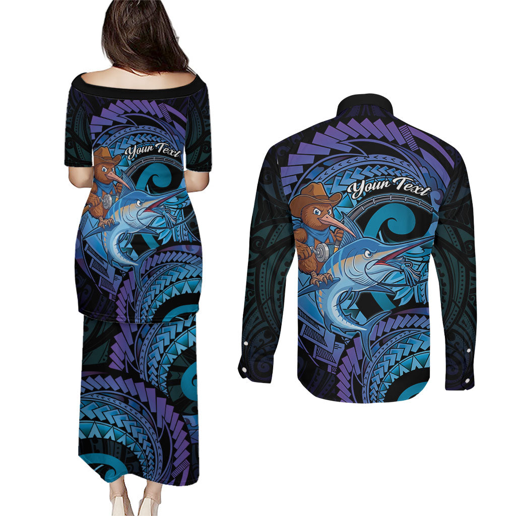 Personalised Blue Marlin Fishing New Zealand Couples Matching Puletasi and Long Sleeve Button Shirt NZ Kiwi Cowboy Born To Fish LT14 - Polynesian Pride