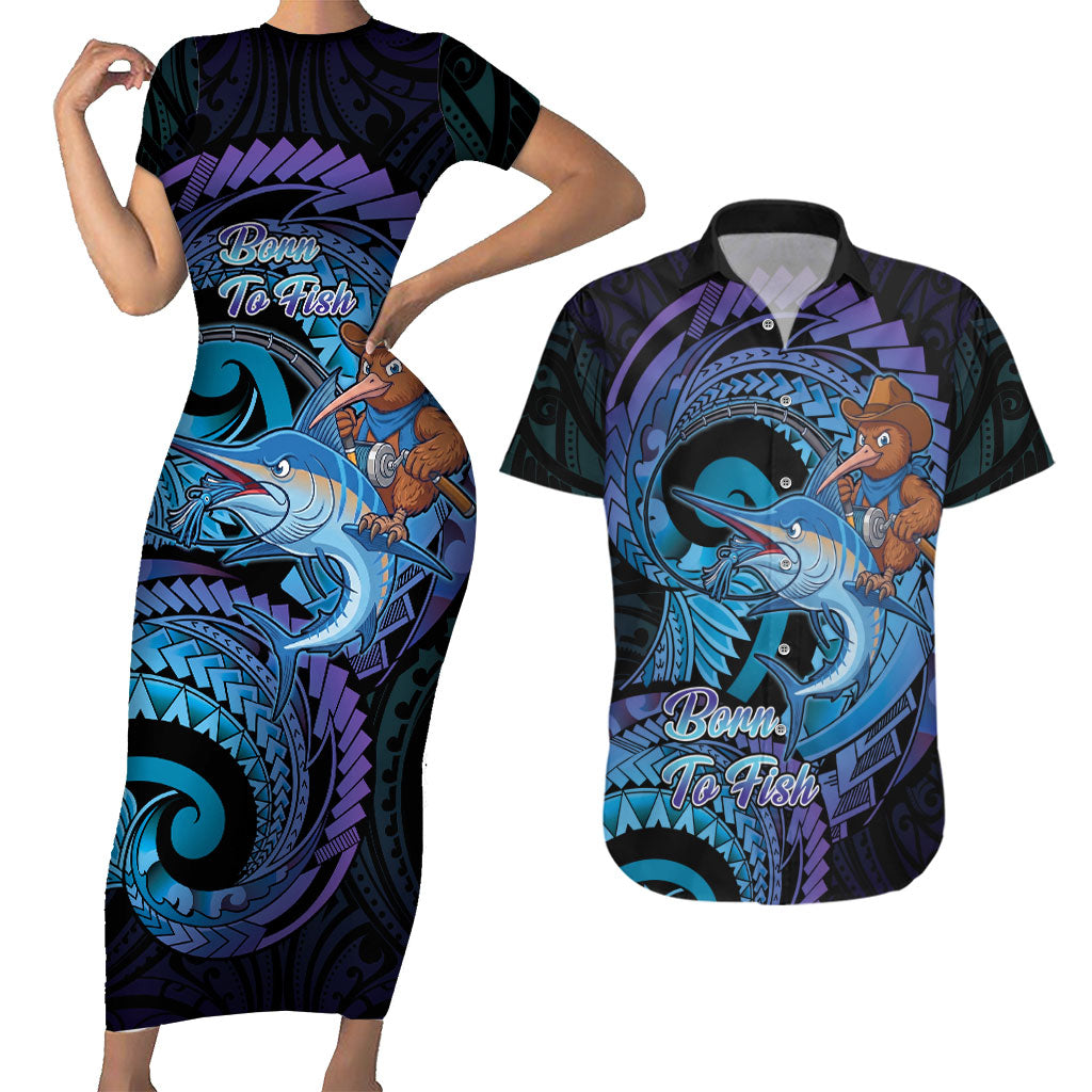 Personalised Blue Marlin Fishing New Zealand Couples Matching Short Sleeve Bodycon Dress and Hawaiian Shirt NZ Kiwi Cowboy Born To Fish LT14 Purple - Polynesian Pride