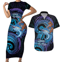 Personalised Blue Marlin Fishing New Zealand Couples Matching Short Sleeve Bodycon Dress and Hawaiian Shirt NZ Kiwi Cowboy Born To Fish LT14 Purple - Polynesian Pride