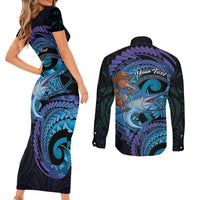 Personalised Blue Marlin Fishing New Zealand Couples Matching Short Sleeve Bodycon Dress and Long Sleeve Button Shirt NZ Kiwi Cowboy Born To Fish LT14 - Polynesian Pride