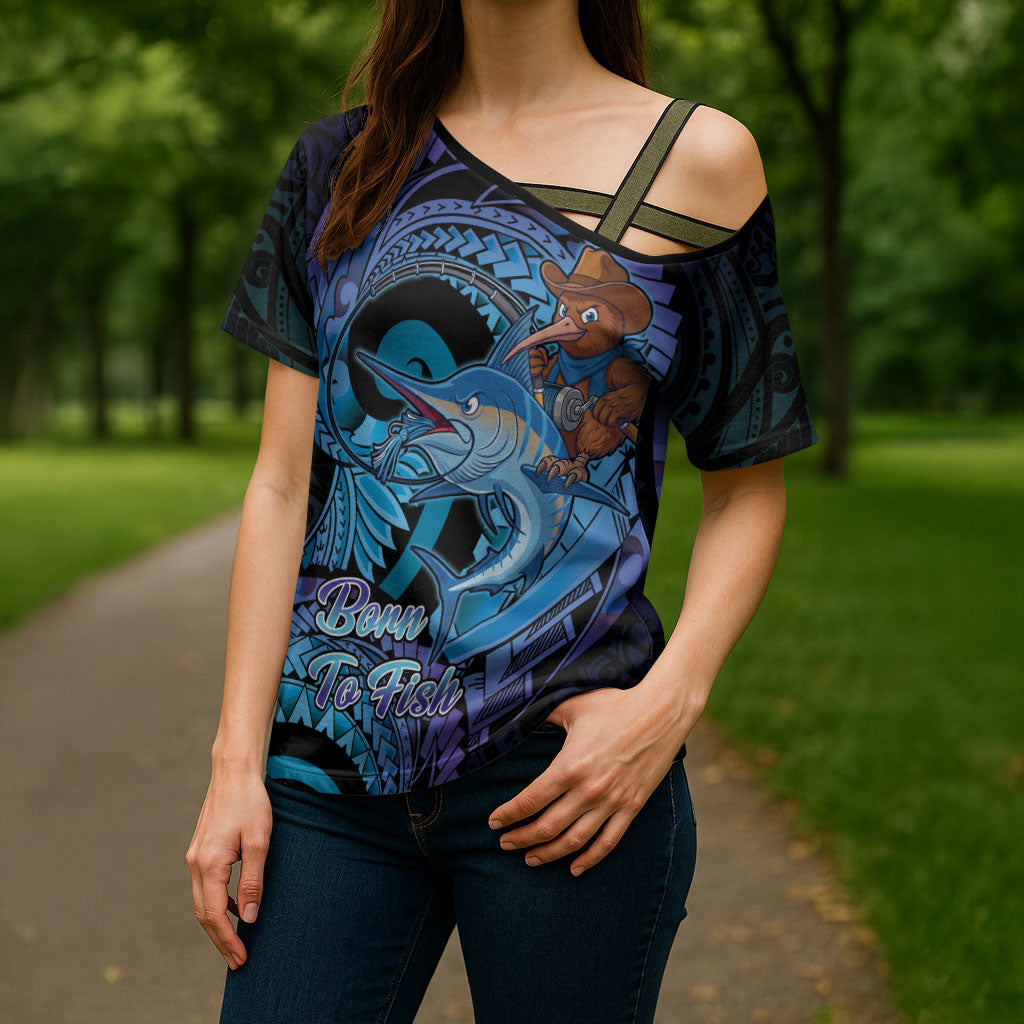 Personalised Blue Marlin Fishing New Zealand Cross Shoulder Shirt NZ Kiwi Cowboy Born To Fish LT14 - Polynesian Pride