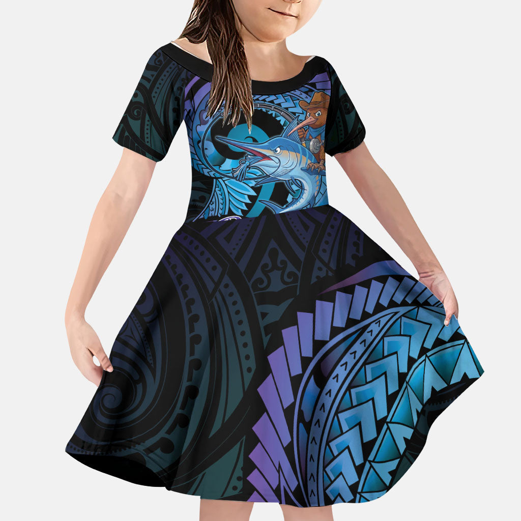 Personalised Blue Marlin Fishing New Zealand Family Matching Long Sleeve Bodycon Dress and Hawaiian Shirt NZ Kiwi Cowboy Born To Fish LT14 Daughter's Dress Purple - Polynesian Pride