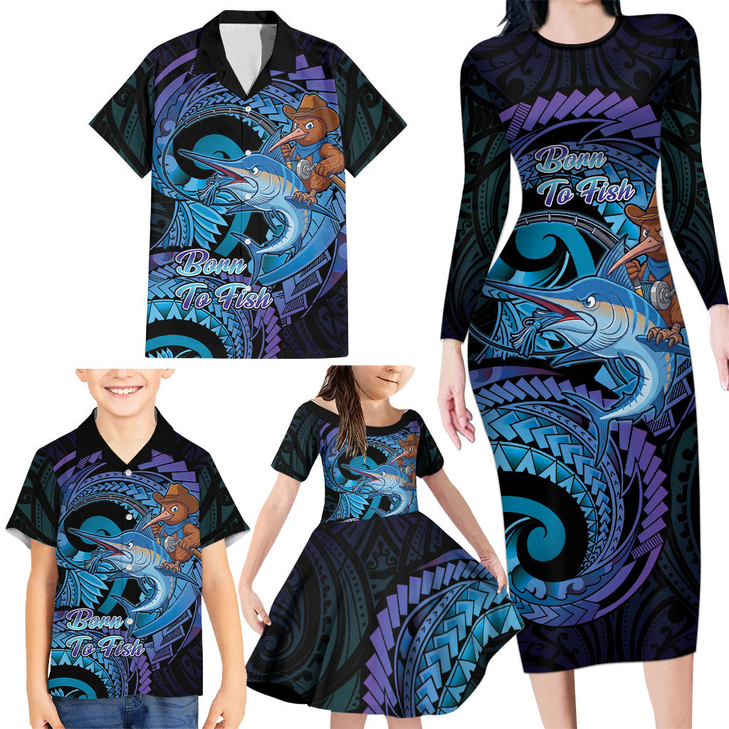 Personalised Blue Marlin Fishing New Zealand Family Matching Long Sleeve Bodycon Dress and Hawaiian Shirt NZ Kiwi Cowboy Born To Fish LT14 - Polynesian Pride