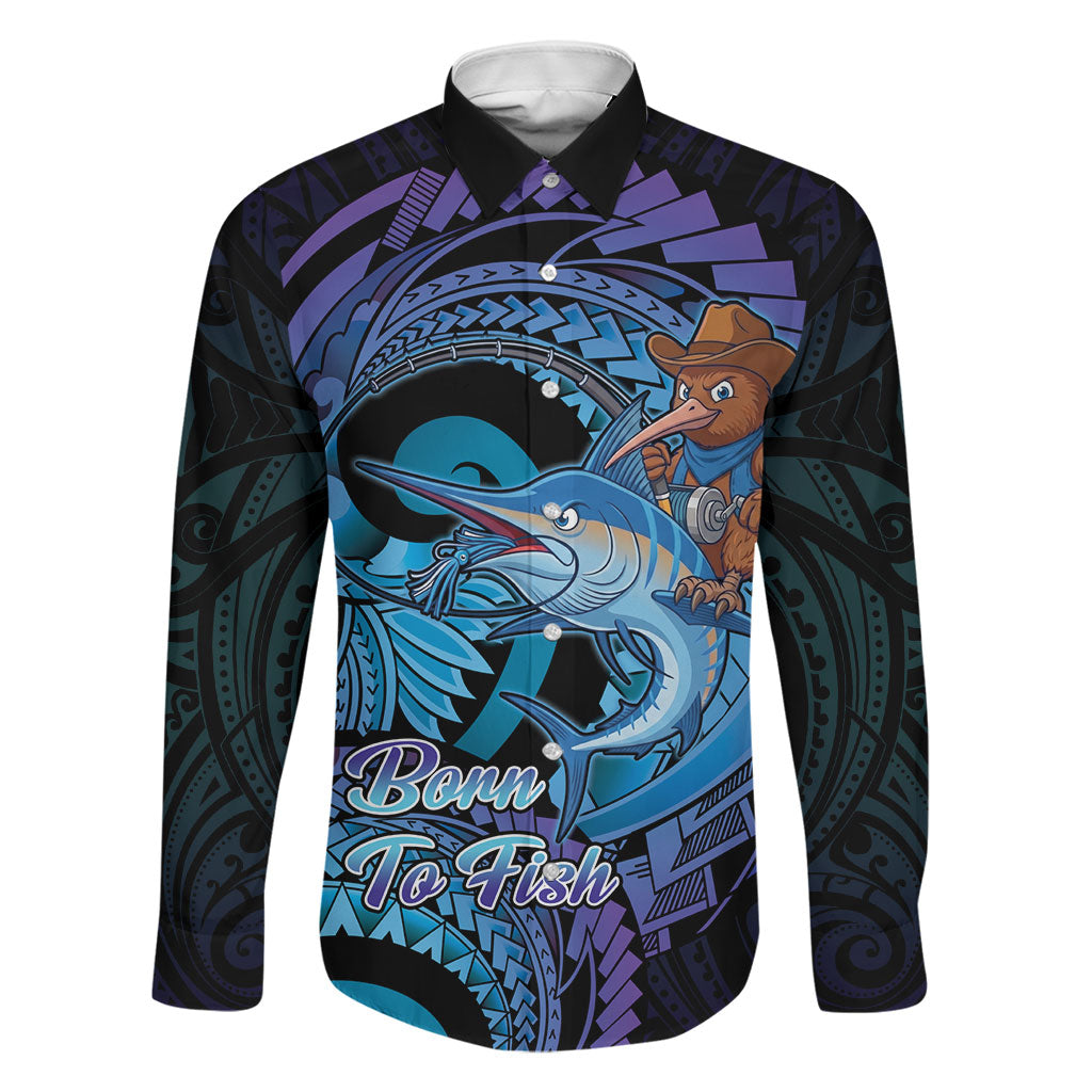Personalised Blue Marlin Fishing New Zealand Family Matching Long Sleeve Bodycon Dress and Hawaiian Shirt NZ Kiwi Cowboy Born To Fish LT14 Dad's Shirt - Long Sleeve Purple - Polynesian Pride