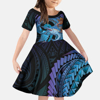 Personalised Blue Marlin Fishing New Zealand Family Matching Off The Shoulder Long Sleeve Dress and Hawaiian Shirt NZ Kiwi Cowboy Born To Fish LT14 Daughter's Dress Purple - Polynesian Pride