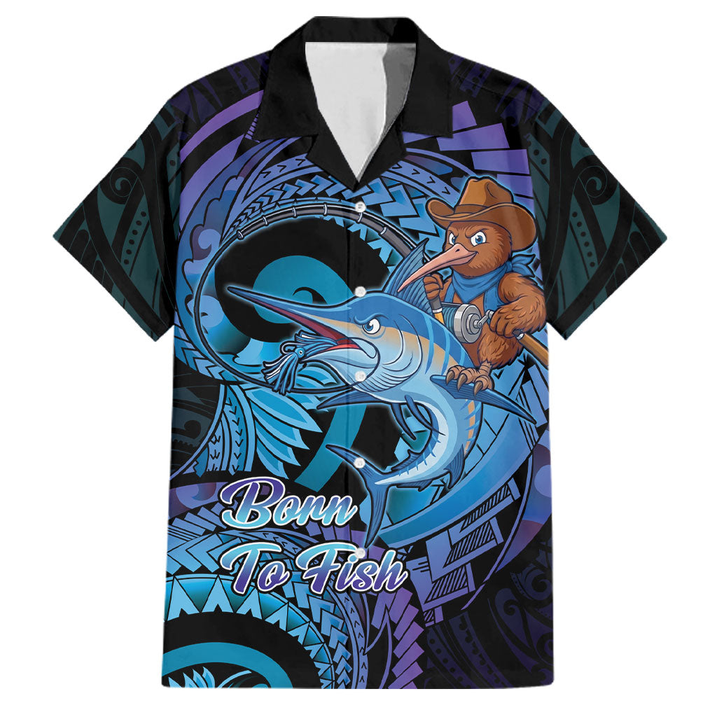 Personalised Blue Marlin Fishing New Zealand Family Matching Off The Shoulder Long Sleeve Dress and Hawaiian Shirt NZ Kiwi Cowboy Born To Fish LT14 Dad's Shirt - Short Sleeve Purple - Polynesian Pride