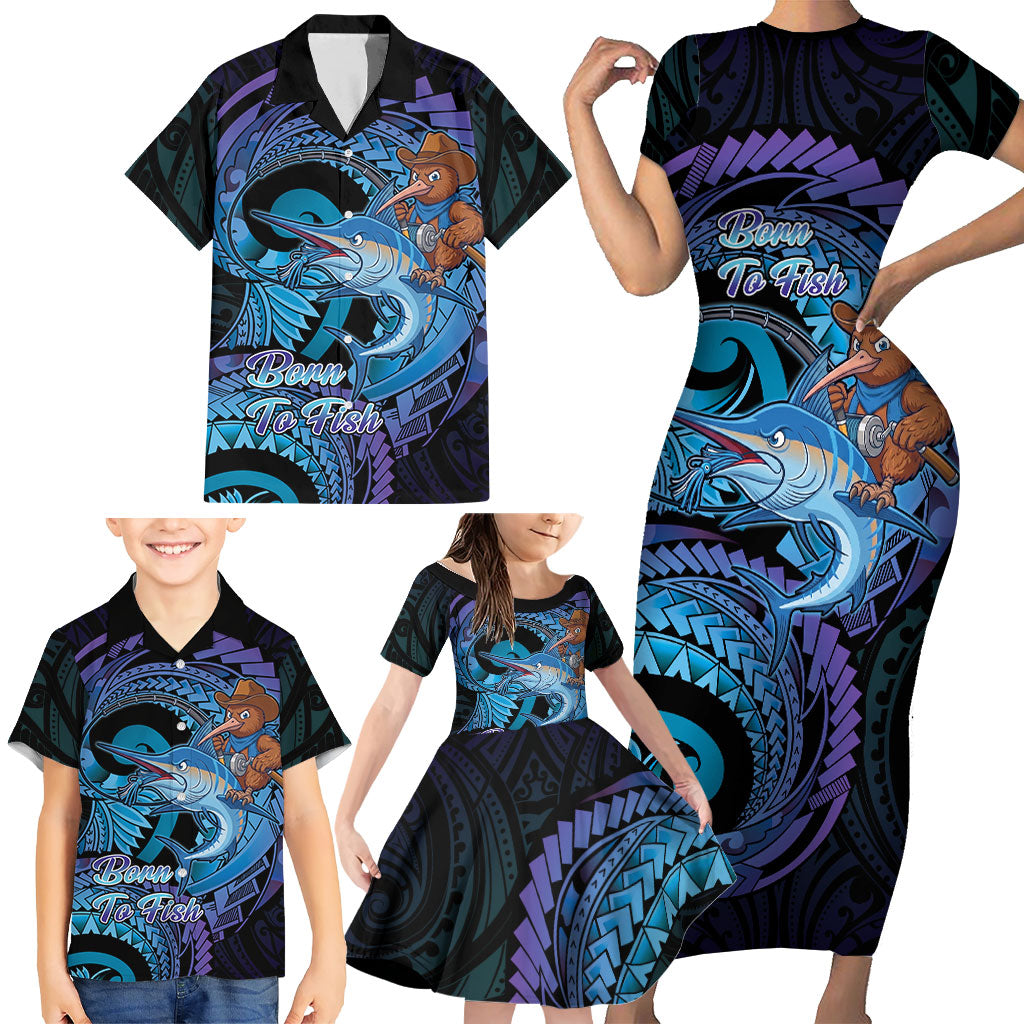 Personalised Blue Marlin Fishing New Zealand Family Matching Short Sleeve Bodycon Dress and Hawaiian Shirt NZ Kiwi Cowboy Born To Fish LT14 - Polynesian Pride