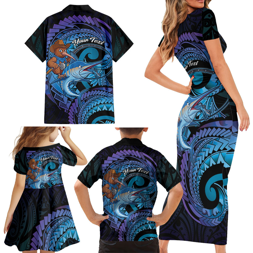 Personalised Blue Marlin Fishing New Zealand Family Matching Short Sleeve Bodycon Dress and Hawaiian Shirt NZ Kiwi Cowboy Born To Fish LT14 - Polynesian Pride