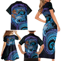 Personalised Blue Marlin Fishing New Zealand Family Matching Short Sleeve Bodycon Dress and Hawaiian Shirt NZ Kiwi Cowboy Born To Fish LT14 - Polynesian Pride
