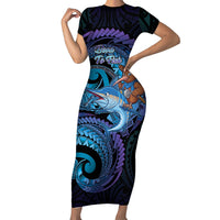 Personalised Blue Marlin Fishing New Zealand Family Matching Short Sleeve Bodycon Dress and Hawaiian Shirt NZ Kiwi Cowboy Born To Fish LT14 Mom's Dress Purple - Polynesian Pride