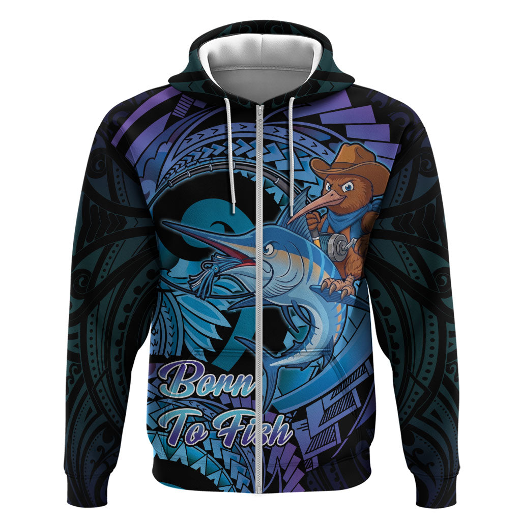 Personalised Blue Marlin Fishing New Zealand Hoodie NZ Kiwi Cowboy Born To Fish LT14 Zip Hoodie Purple - Polynesian Pride