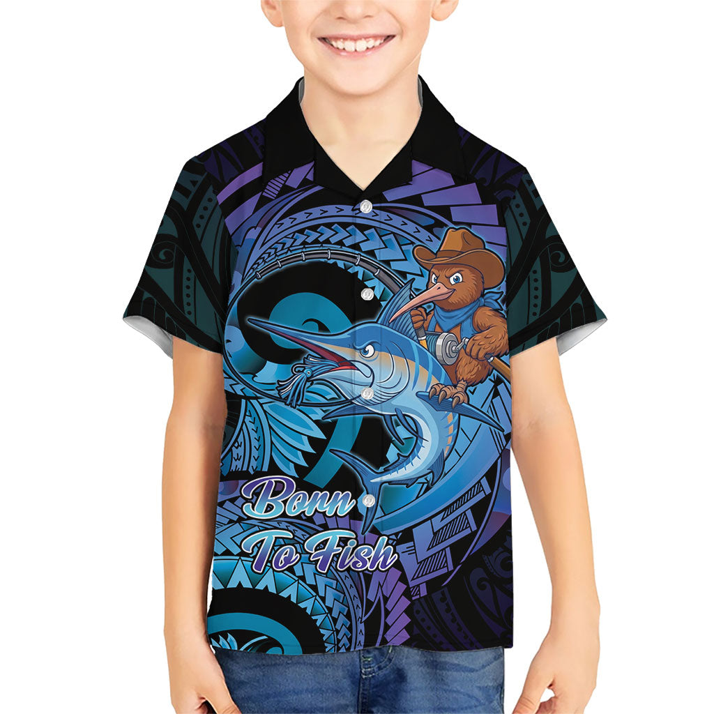 Personalised Blue Marlin Fishing New Zealand Kid Hawaiian Shirt NZ Kiwi Cowboy Born To Fish LT14 Kid Purple - Polynesian Pride