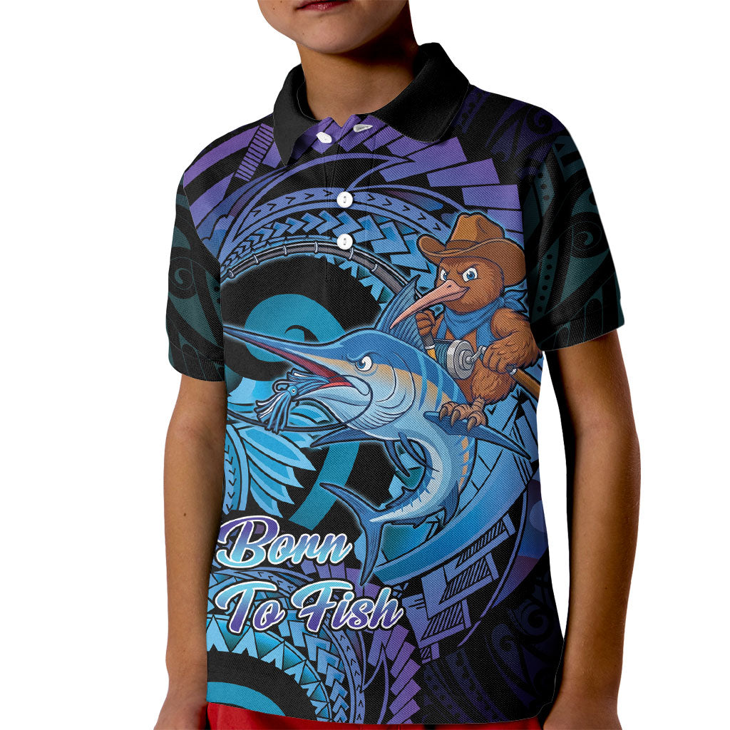 Personalised Blue Marlin Fishing New Zealand Kid Polo Shirt NZ Kiwi Cowboy Born To Fish LT14 Kid Purple - Polynesian Pride