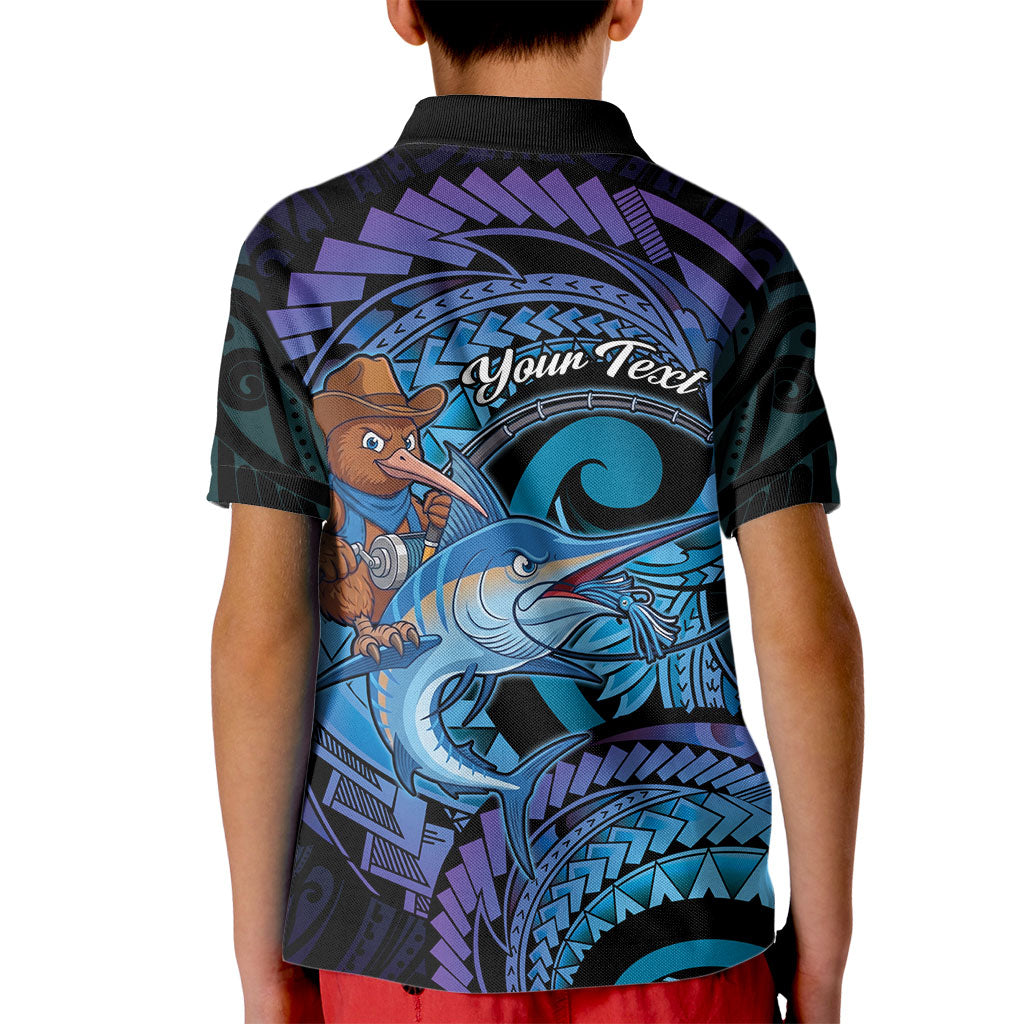 Personalised Blue Marlin Fishing New Zealand Kid Polo Shirt NZ Kiwi Cowboy Born To Fish LT14 - Polynesian Pride