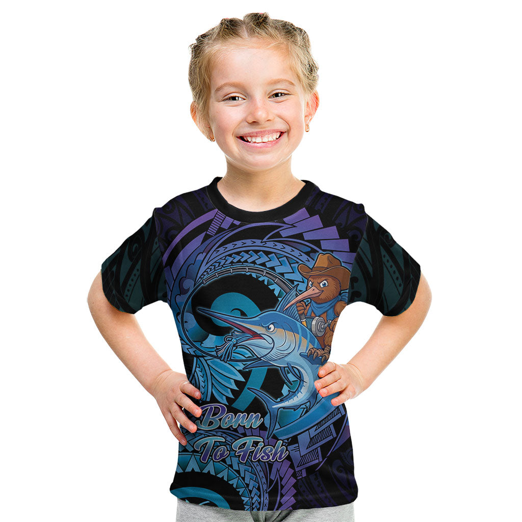 Personalised Blue Marlin Fishing New Zealand Kid T Shirt NZ Kiwi Cowboy Born To Fish