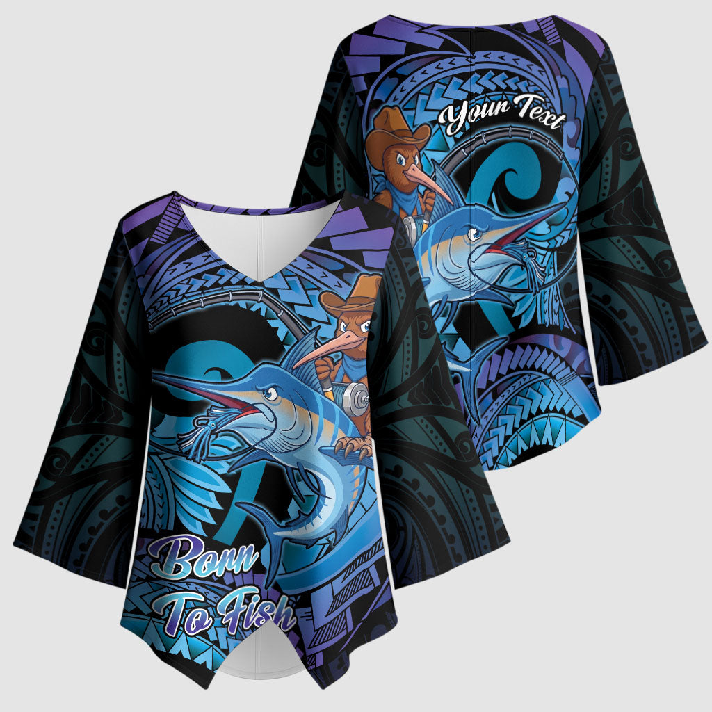 Personalised Blue Marlin Fishing New Zealand Kimono Sleeve Blouse NZ Kiwi Cowboy Born To Fish LT14 - Polynesian Pride