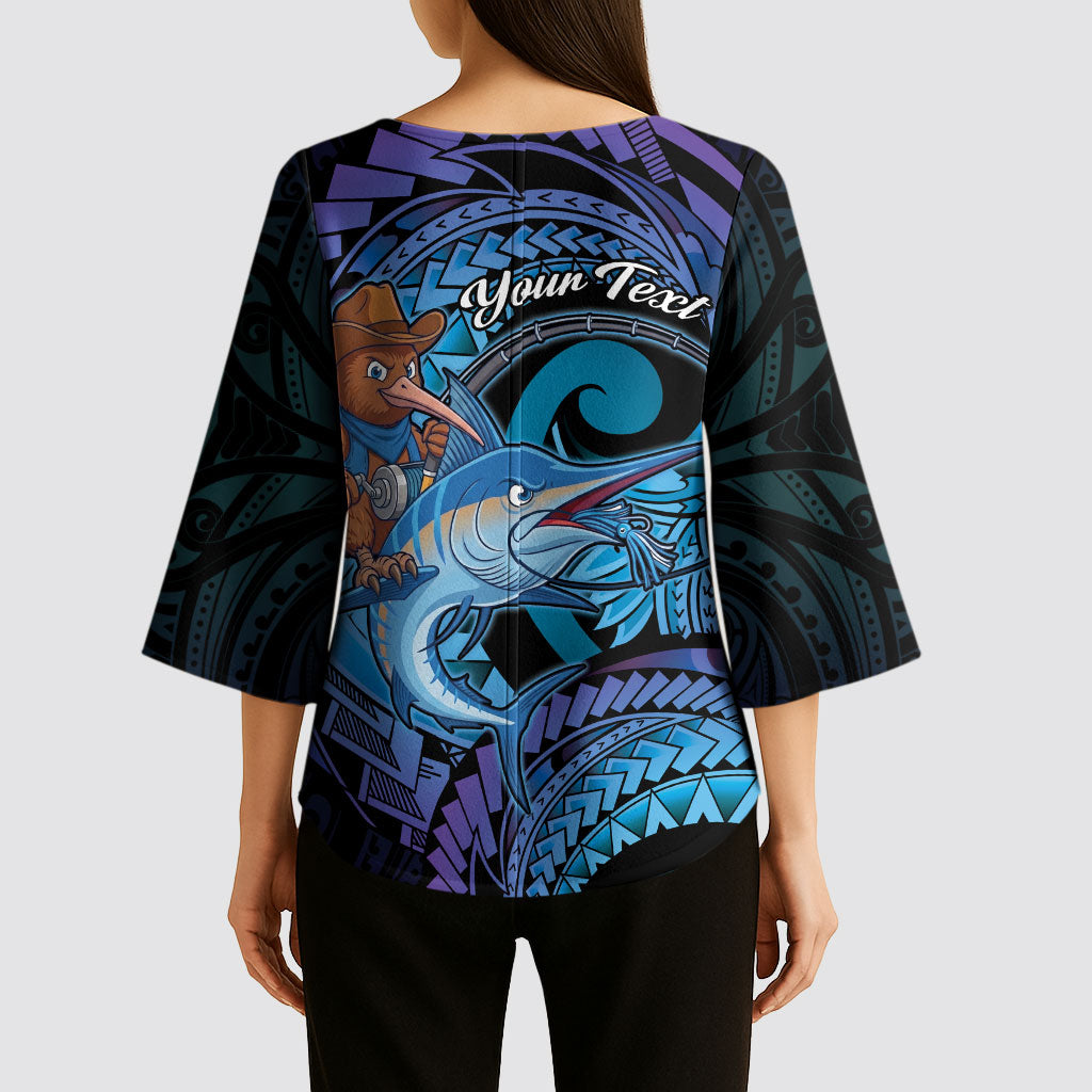 Personalised Blue Marlin Fishing New Zealand Kimono Sleeve Blouse NZ Kiwi Cowboy Born To Fish LT14 - Polynesian Pride