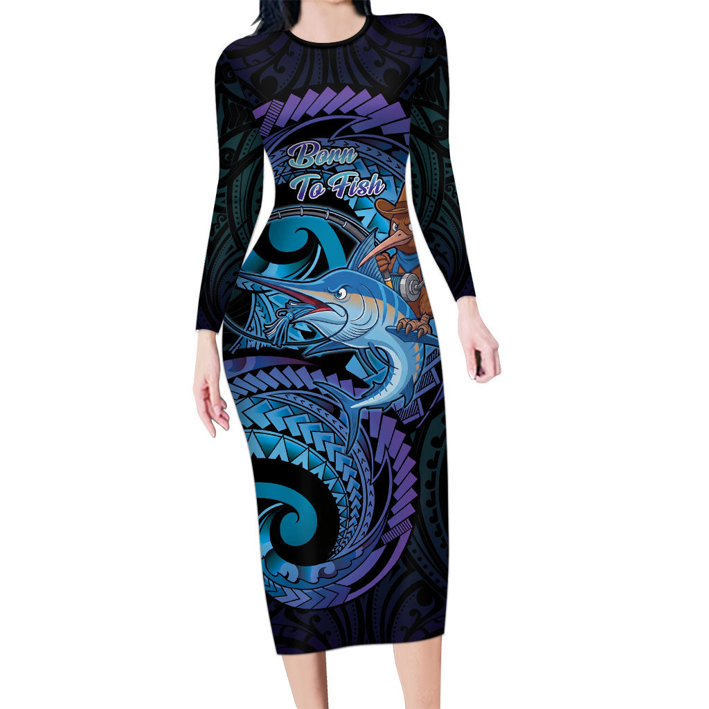 Personalised Blue Marlin Fishing New Zealand Long Sleeve Bodycon Dress NZ Kiwi Cowboy Born To Fish LT14 Long Dress Purple - Polynesian Pride