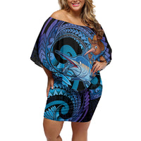 Personalised Blue Marlin Fishing New Zealand Off Shoulder Short Dress NZ Kiwi Cowboy Born To Fish LT14 Women Purple - Polynesian Pride