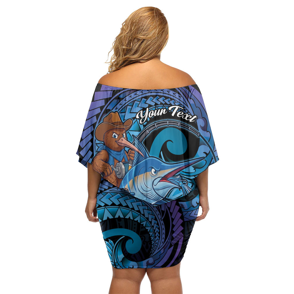Personalised Blue Marlin Fishing New Zealand Off Shoulder Short Dress NZ Kiwi Cowboy Born To Fish LT14 - Polynesian Pride